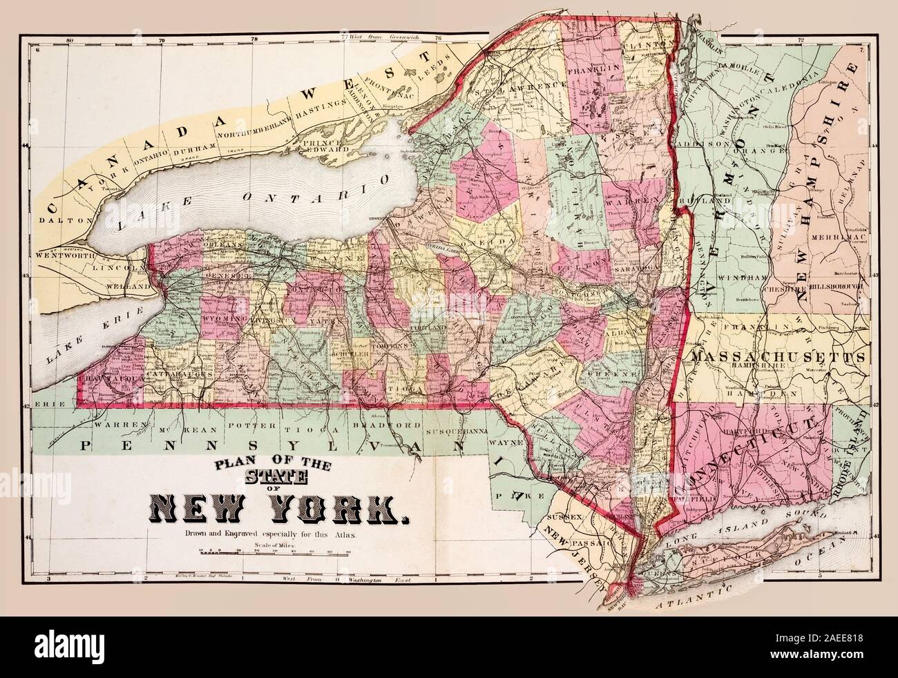 New York vecchia mappa con contee dal 1874 Foto Stock
