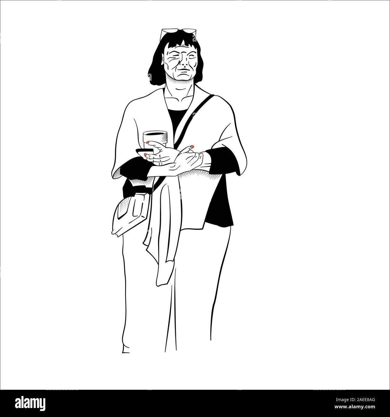 Signora senior con piccola borsa tenendo una tazza di caffè e telefono cellulare - illustrazione vettoriale Illustrazione Vettoriale