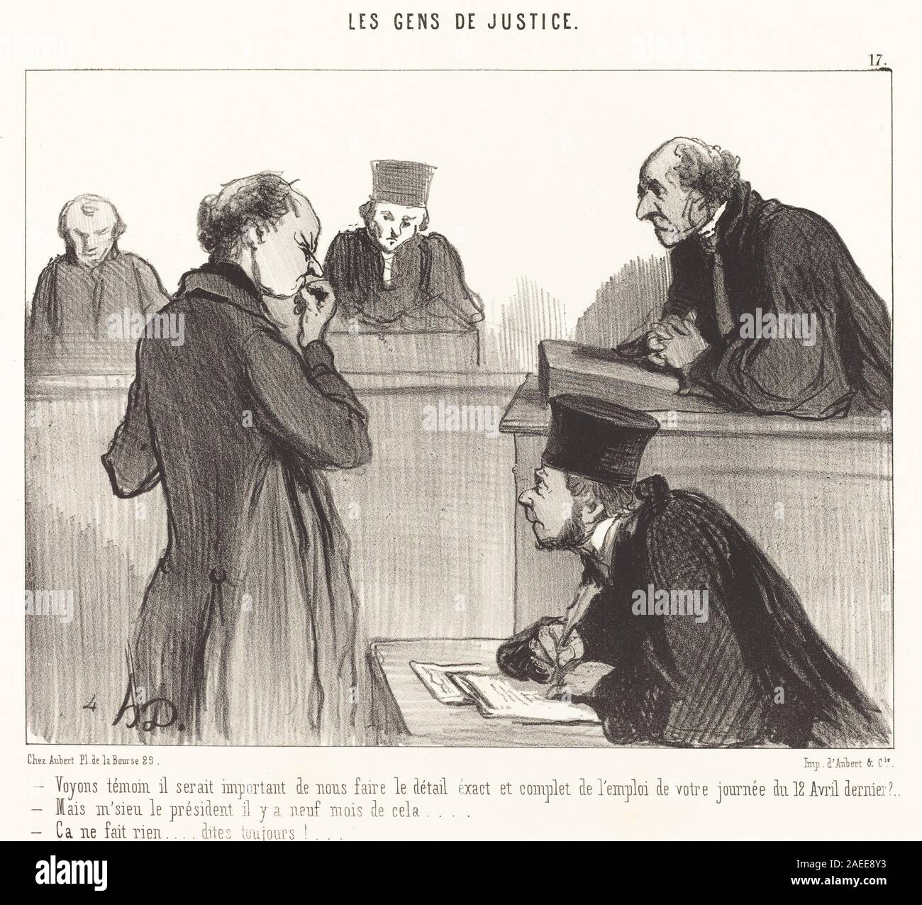 Una litografia del 1846 di Honoré Daumier intitolata "Voyons témoin il serait important de", raffigurante un'aula di tribunale o una scena testimoniale con figure, sottolineando postura, gesto, abbigliamento, espressione, e contesto sociale in Francia. Foto Stock