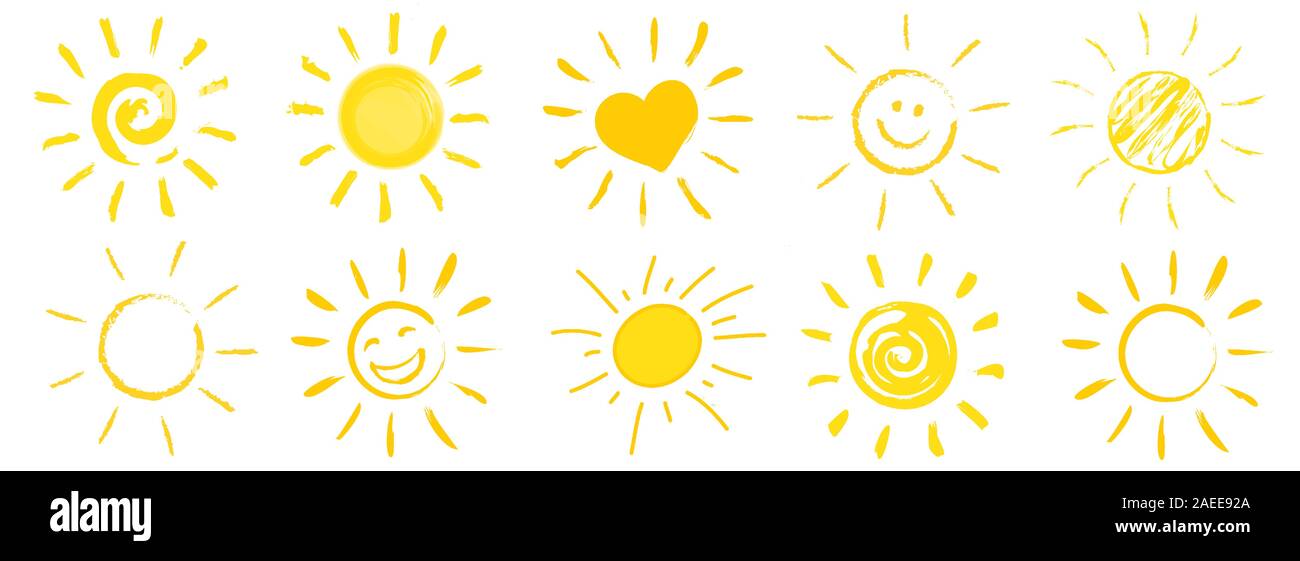 Simboli di sun. Raccolta di diversi stili doodle Illustrazione Vettoriale