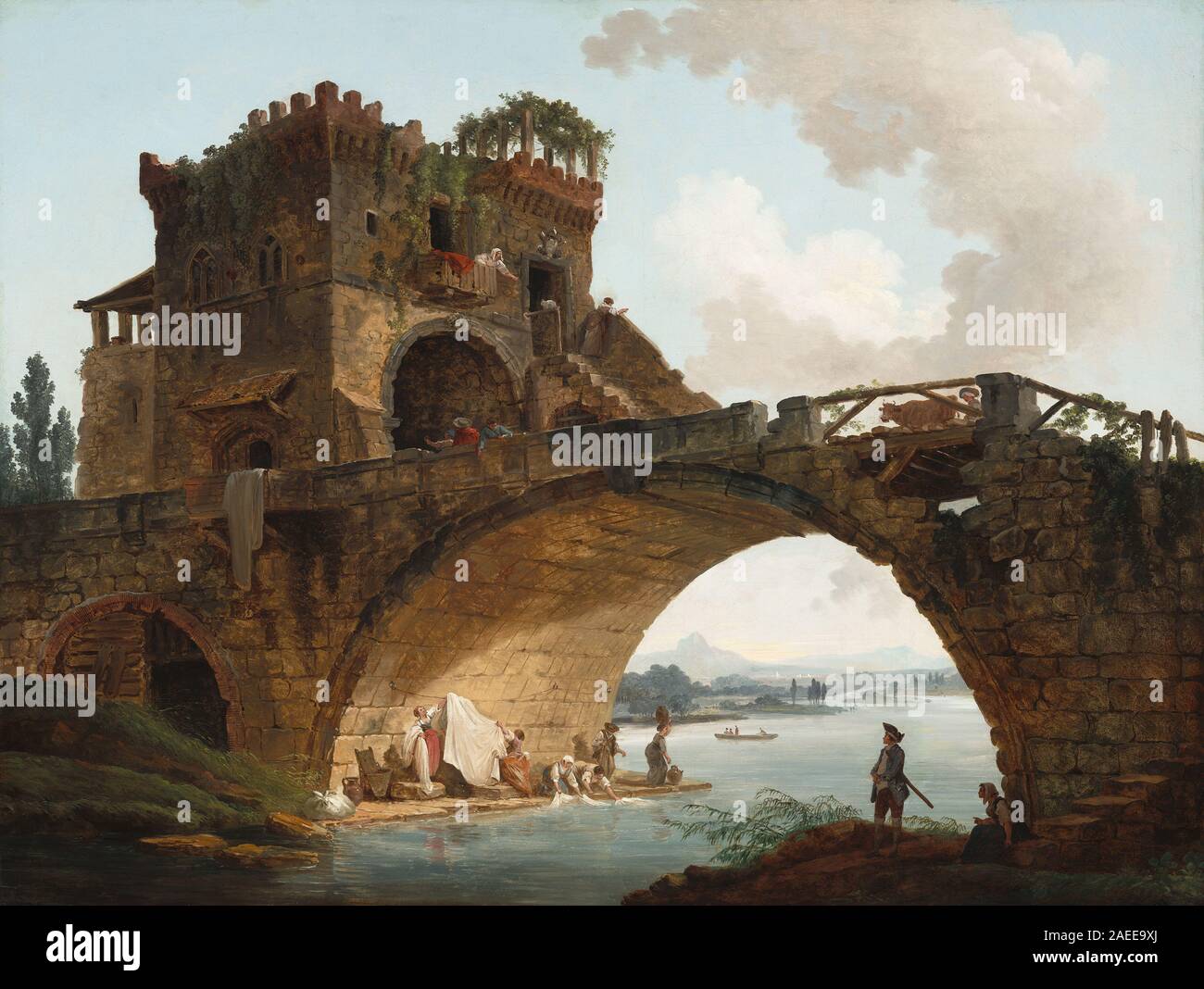 Il dipinto ad olio "Ponte salario" di Hubert Robert del 1775 circa raffigura un ponte storico su un fiume, enfatizzando l'architettura, la riflessione sull'acqua, la prospettiva, le figure, e elementi di design urbano classico. Foto Stock
