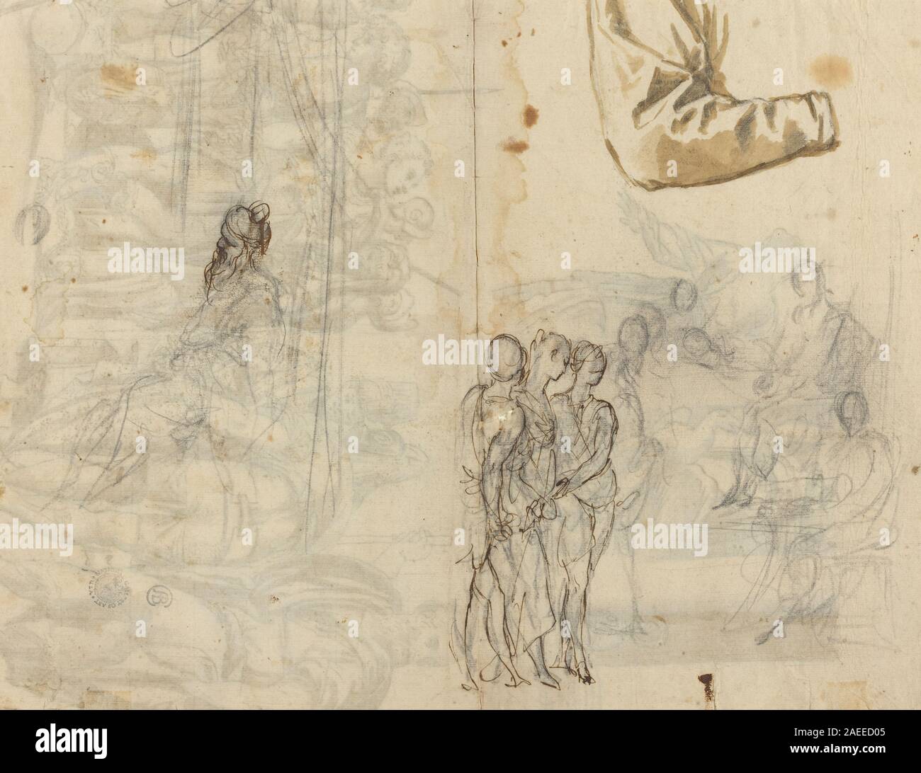 Copia dopo un dipinto storico del circolo di Paolo Veronese, XVI secolo italiano, recto, raffigura una scena storica con più figure, architettura dettagliata e stile rinascimentale. Foto Stock