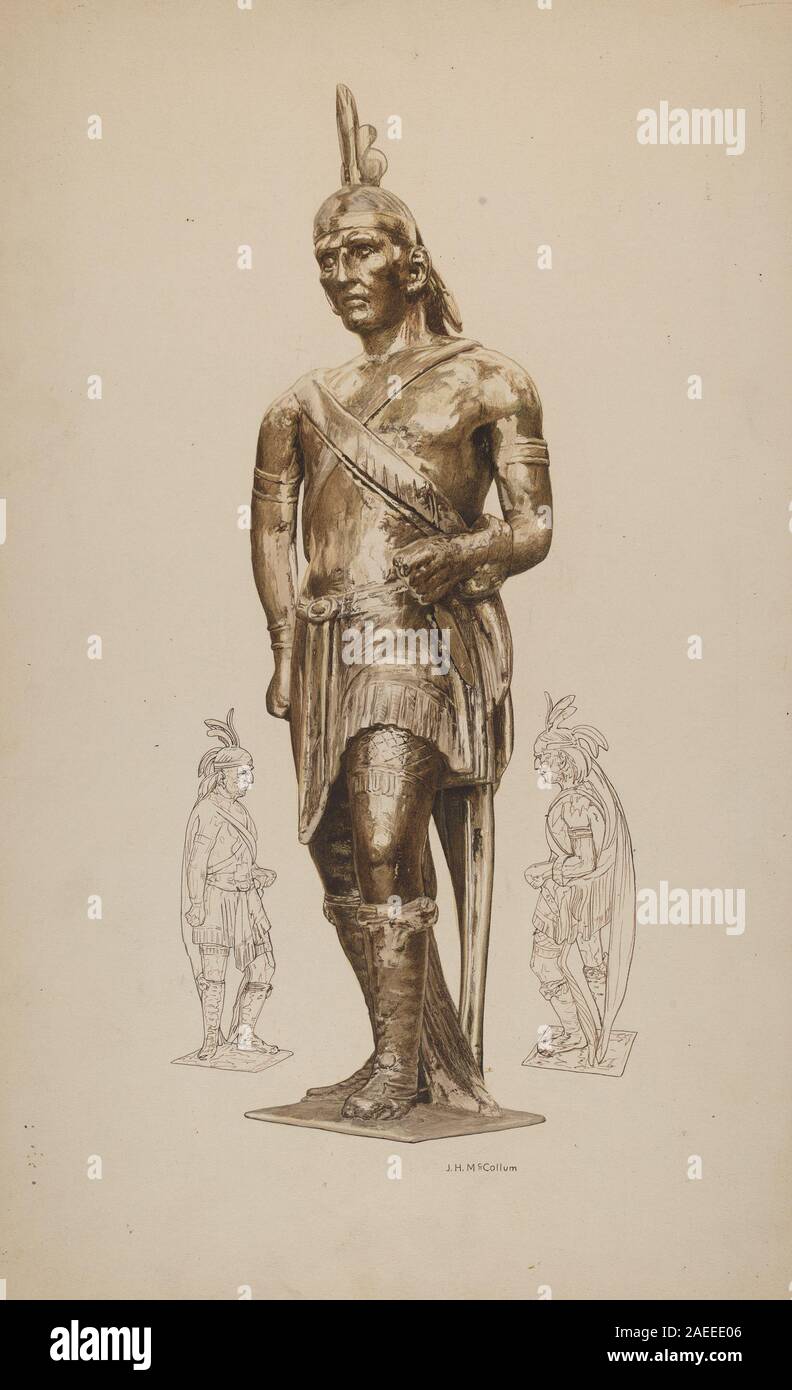 Figura in legno scolpita di un negozio di sigari indiano di J Herman McCollum, datata intorno al 1940. La figura rappresenta un uomo nativo americano, dipinto e dettagliato, usato storicamente per pubblicizzare negozi di tabacchi. Foto Stock