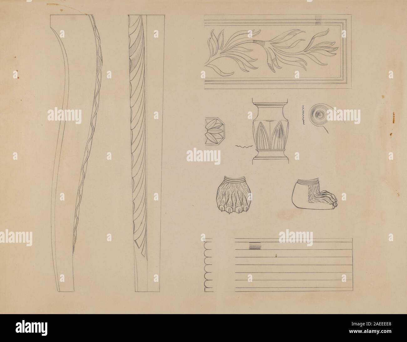 Un sedile per finestra 1939 di Jack Carr, con struttura in legno, sedili incorporati, cuscino imbottito, finiture decorative, design funzionale dei mobili, e l'artigianato americano dell'inizio del XX secolo. Foto Stock