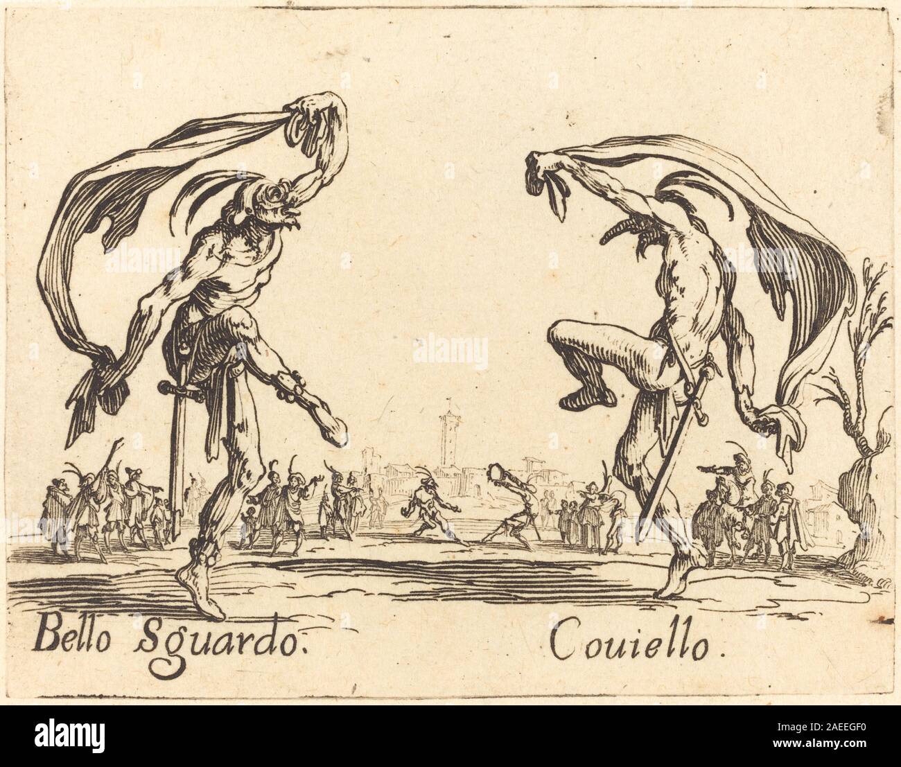 Un'incisione di Jacques Callot raffigurante i personaggi bello sguardo e Coviello in costume teatrale, mostrando pose espressive, abbigliamento dettagliato e interazione gestuale, creata intorno al 1622. Foto Stock