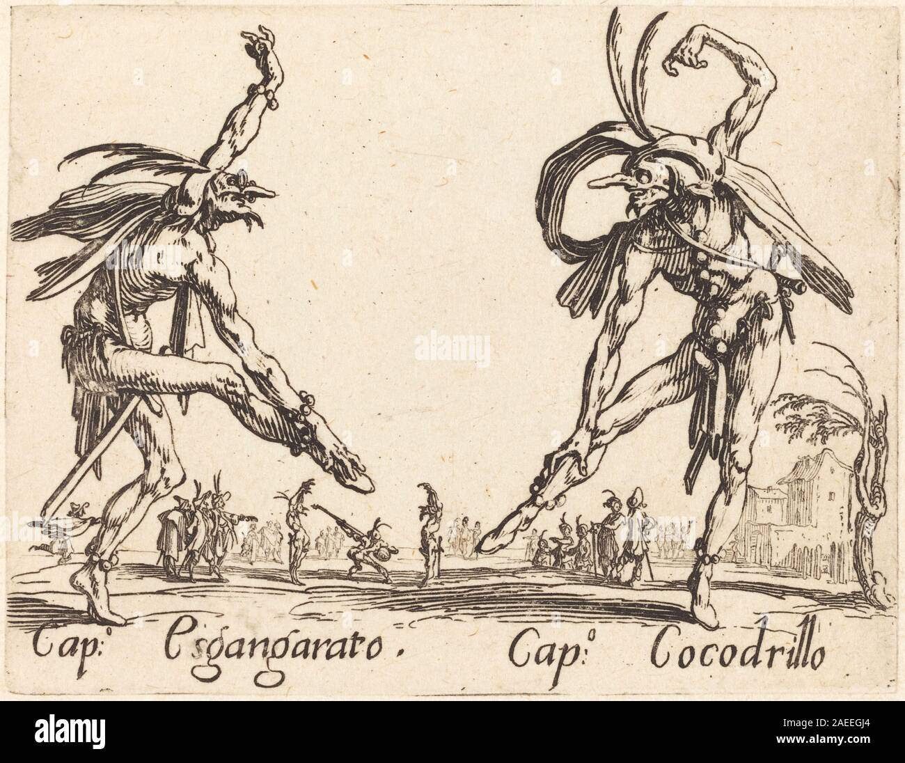 Un'incisione di Jacques Callot raffigurante Cap Esgangarato e Cap Cocodrillo in costume teatrale, che mostra gesti espressivi, abbigliamento stilizzato e pose dei personaggi, creata intorno al 1622. Foto Stock