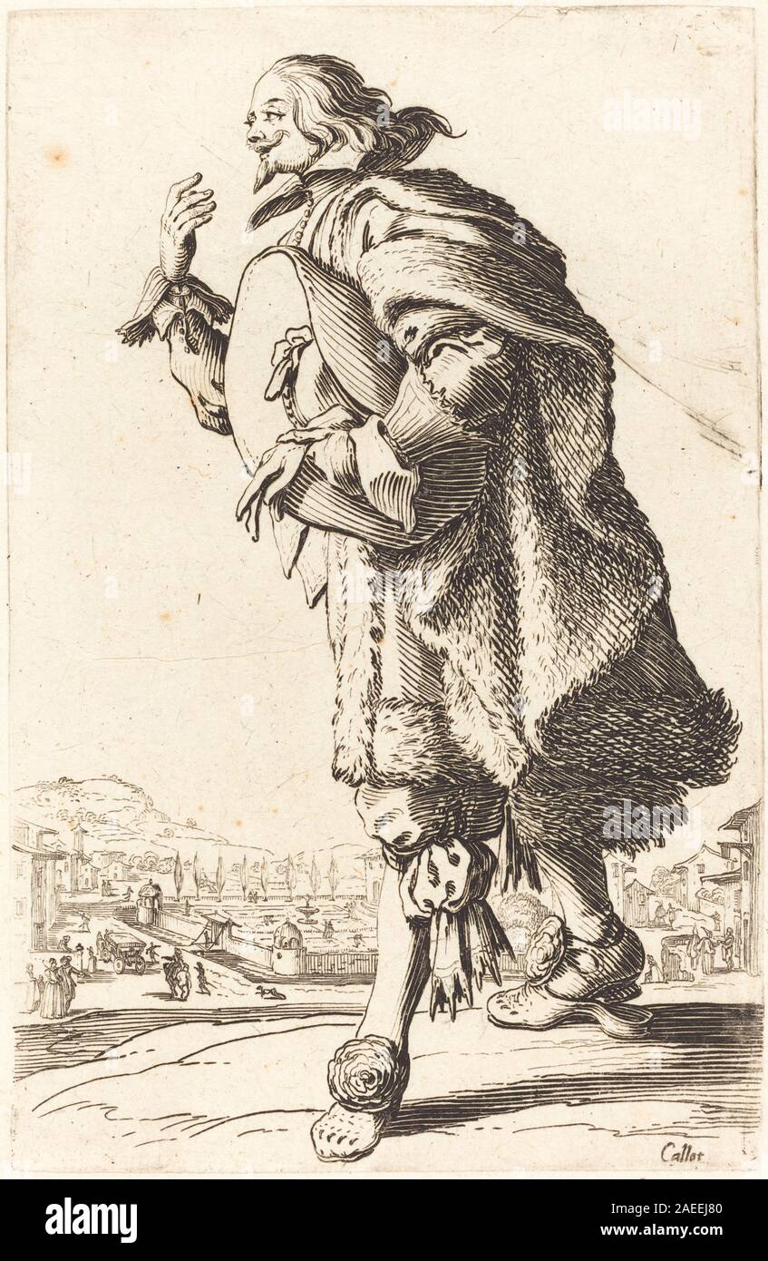 Incisione raffigurante un nobile uomo che indossa un cappello in feltro e un abbigliamento formale, che si piega in avanti con un fiocco. La figura è presentata di profilo con una chiara attenzione alla postura, all'abbigliamento e al gesto tipici degli studi in costume dei primi anni del XVII secolo. Foto Stock