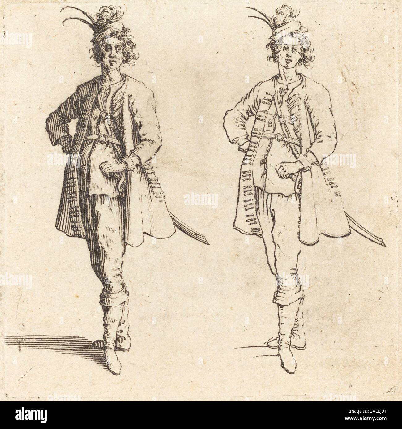 Incisione di Jacques Callot datata 1617 e 1621 che mostra un ufficiale in vista frontale; la stampa evidenzia uniforme, cappello, postura, insegne e marziali caratteristiche dell'abbigliamento militare dei primi anni del XVII secolo. Foto Stock