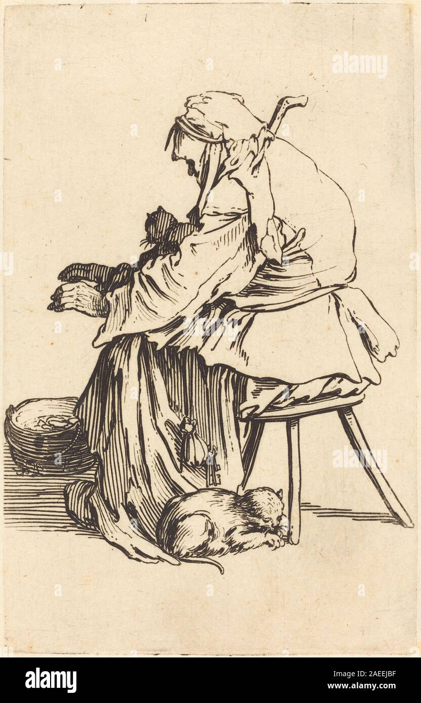 Un'incisione di Jacques Callot raffigurante una donna anziana con diversi gatti, che mostra la sua postura, i suoi gesti, i suoi vestiti e l'interazione con gli animali, creata intorno al 1622. Foto Stock
