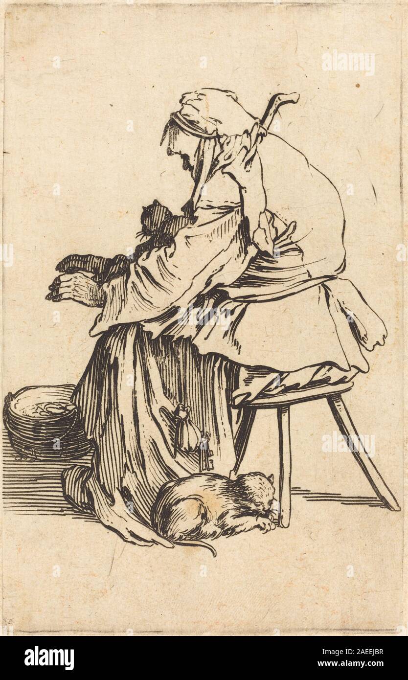 Un'incisione di Jacques Callot raffigurante un'anziana donna con gatti, raffigurante una figura seduta, animali domestici, gesti, abbigliamento, e semplici dettagli interni, creati intorno al 1622. Foto Stock