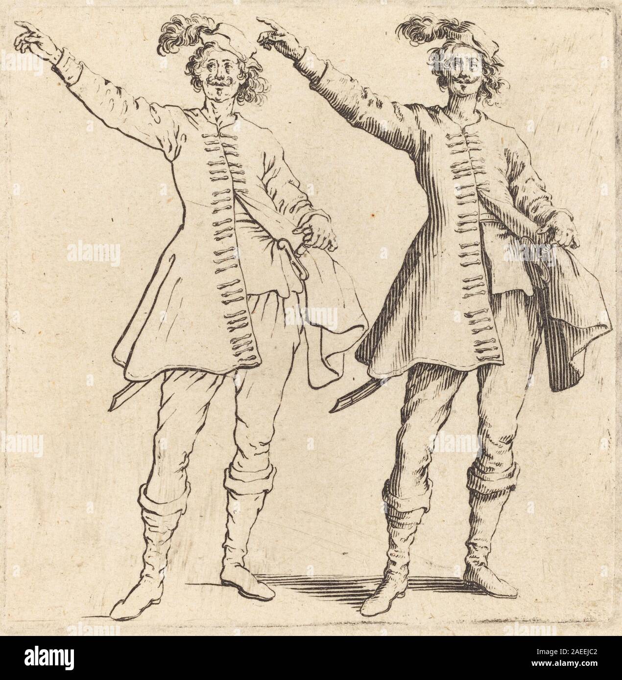 Incisione di Jacques Callot datata 1617 e 1621 che mostra un ufficiale con il braccio allungato nella vista frontale; la stampa enfatizza uniforme, gesto, postura, berretto, stivali, e abbigliamento militare dei primi anni del xvii secolo. Foto Stock