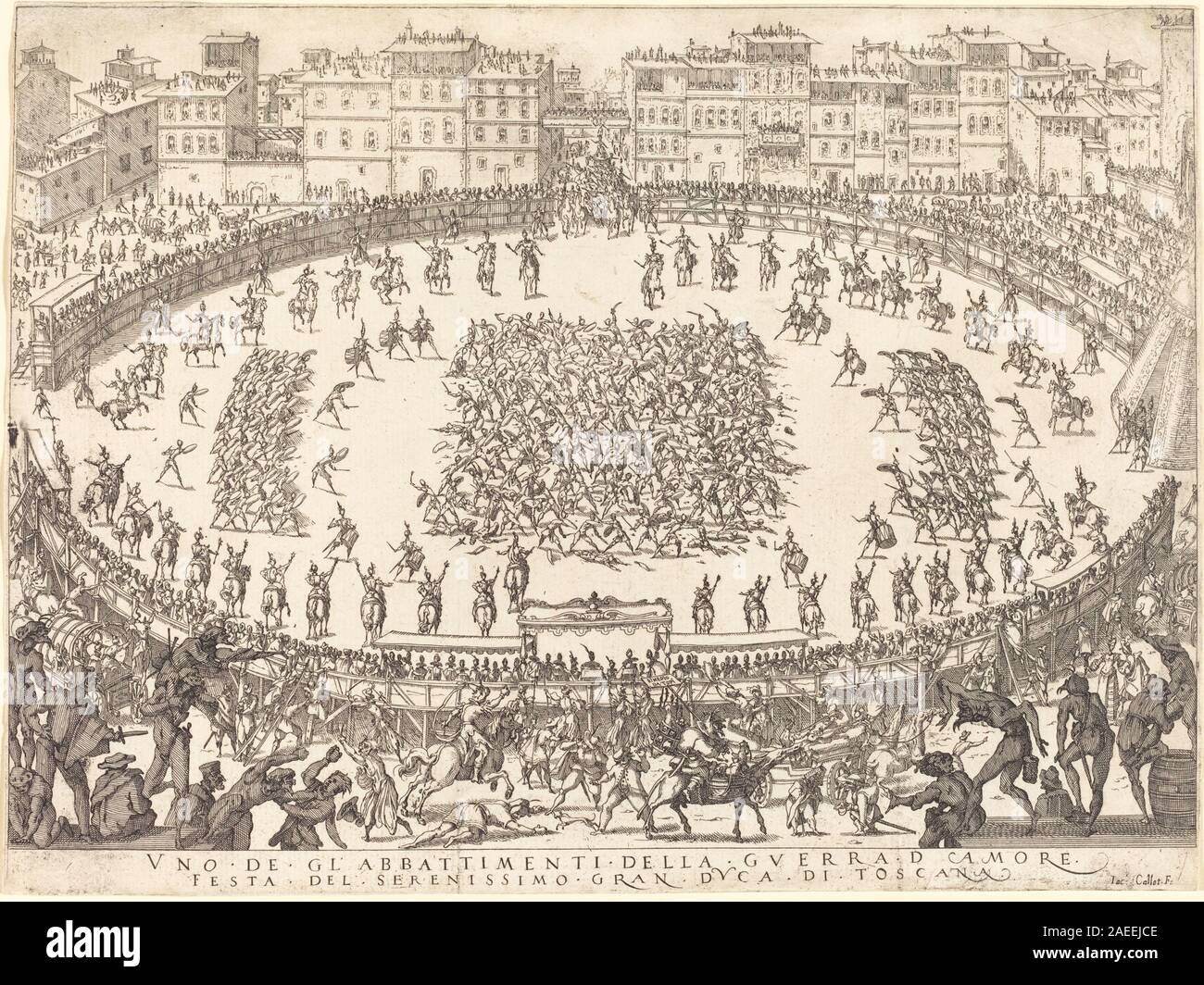 Incisione di Jacques Callot datata 1616 raffigurante una scena di combattimento della fanteria; la stampa mostra soldati, moschettieri, picche, formazione, fumo, figure cadute, tende e composizione del campo di battaglia caratteristiche delle stampe militari dei primi anni del xvii secolo. Foto Stock