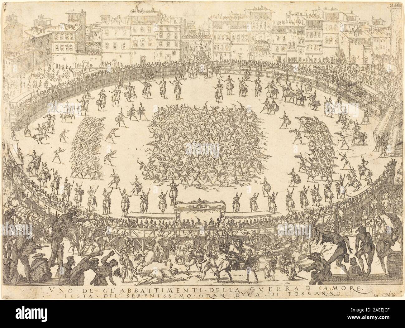 Incisione di Jacques Callot datata 1616 che mostra una scena di combattimento della fanteria con soldati armati, armi, movimento e azione sul campo di battaglia. Foto Stock