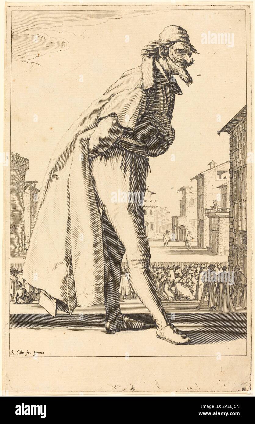 Incisione di Jacques Callot dal 1618 al 1620 che mostra il personaggio della Commedia dell’arte Pantalone; la stampa raffigura una figura in piedi in costume caratteristico, tra cui cappotto lungo, maschera, barba e scarpe appuntite, presentato in visualizzazione a tutta lunghezza. Foto Stock