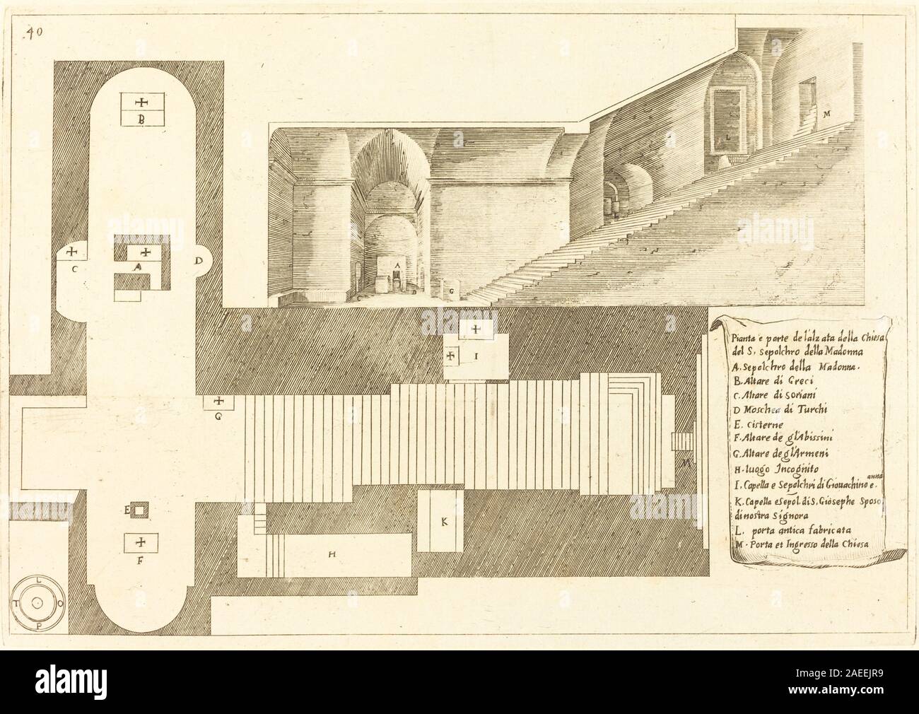 Incisione di Jacques Callot, 1619, raffigurante la pianta e parte dell'elevazione della Chiesa del Santo Sepolcro della Madonna. La stampa mostra le caratteristiche architettoniche, la planimetria, l'elevazione, la struttura, la facciata, colonne, archi e stile di stampa francese dei primi anni del XVII secolo. Foto Stock