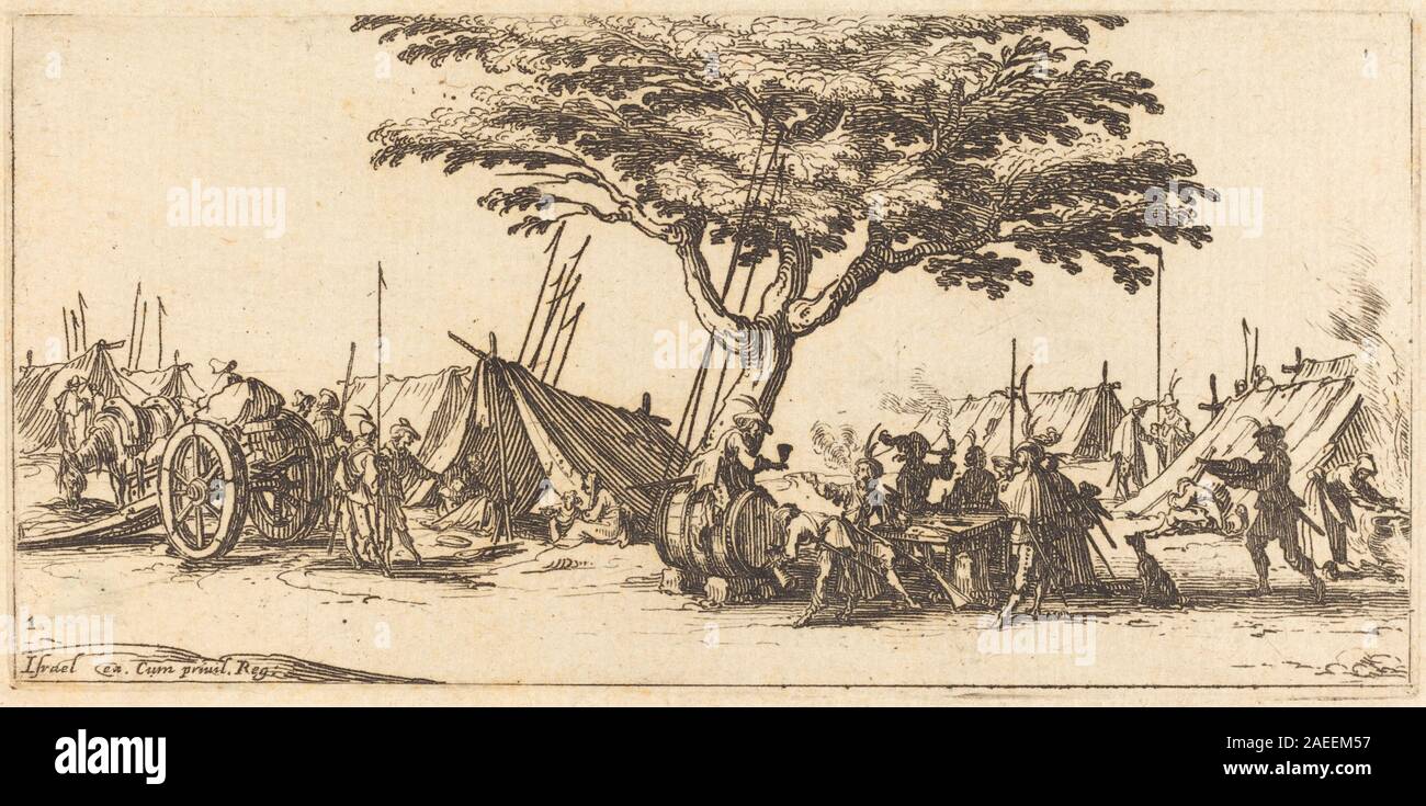 Un'incisione di Jacques Callot raffigurante un campo militare, che mostra tende, soldati, attrezzature, attività quotidiane, gesti, posture e paesaggi, creati intorno al 1633, illustrano la vita militare europea dei primi anni del XVII secolo. Foto Stock