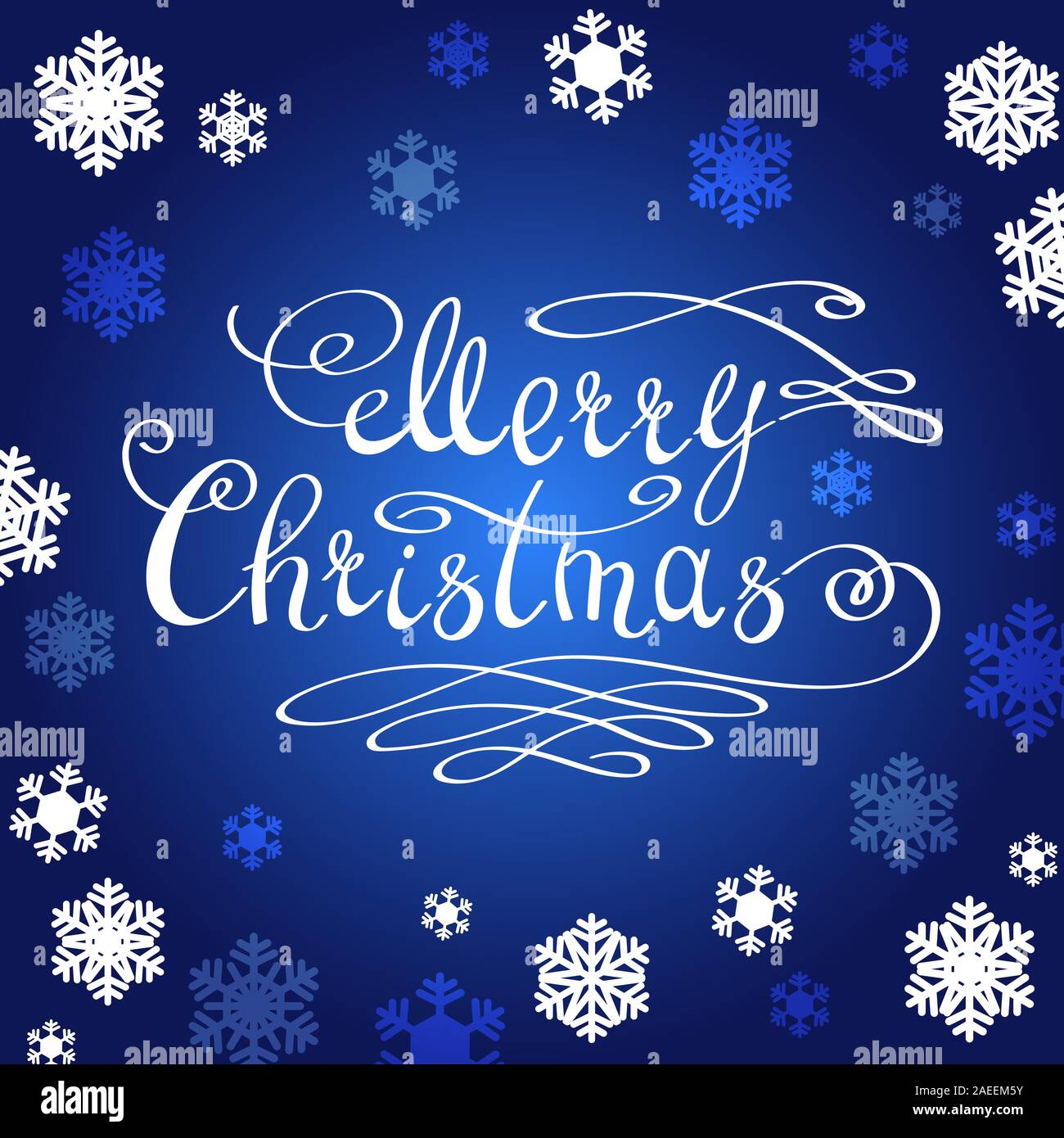 Buon Natale lettering con blu scuro e bianco di fiocchi di neve Illustrazione Vettoriale