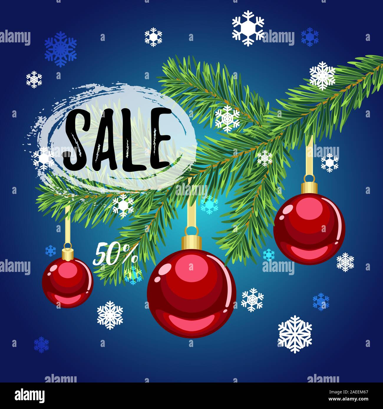 Natale 50% vendita flyer con ornamenti di colore rosso su sfondo blu Illustrazione Vettoriale
