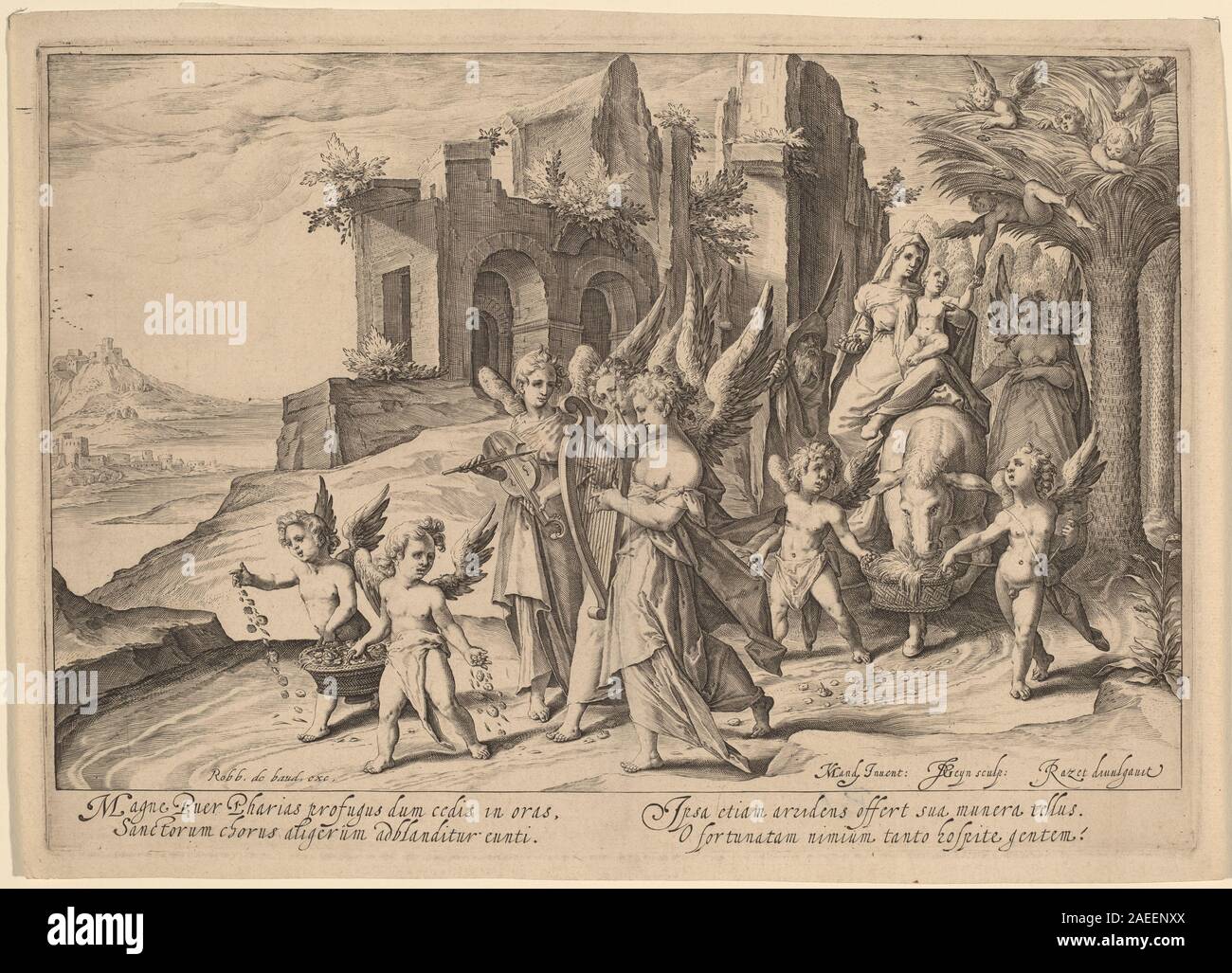 L'incisione di Jacques de Gheyn II del 1592, dopo Karel van Mander i, raffigura la scena biblica della Sacra famiglia di ritorno dall'Egitto. L'opera pone l'accento su figure, postura, tendaggi, paesaggio e elementi simbolici, dimostrando la stampa del tardo XVI secolo dell'Europa settentrionale. Foto Stock
