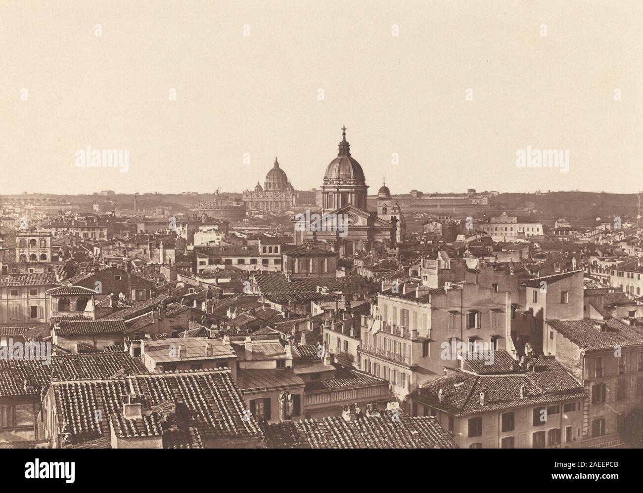 Questa opera d'arte di James Anderson, intorno al 1855, presenta una vista dettagliata di Roma, mostrando monumenti architettonici, strade, chiese, cupole, e paesaggi urbani, che catturano il layout della città e le caratteristiche classiche dell'Italia della metà del XIX secolo. Foto Stock