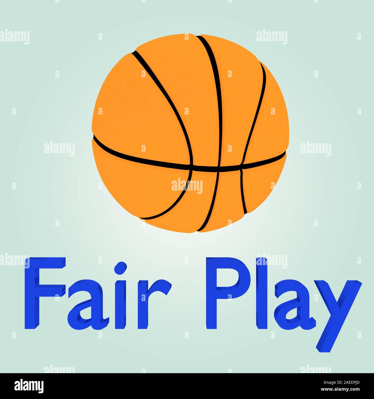 3D illustrazione di pallacanestro, isolato in blu pallido, gradiente lungo con FAIR PLAY titolo. Foto Stock