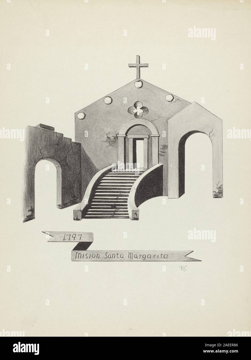 Il lavoro di James Jones su Mision Santa Margarita, creato tra il 1935 e il 1942, descrive l'architettura della missione, i cortili, gli archi e il paesaggio circostante. L'incisione illustra il design coloniale spagnolo, le strutture religiose e la documentazione europea dei primi anni del XX secolo delle missioni californiane. Foto Stock