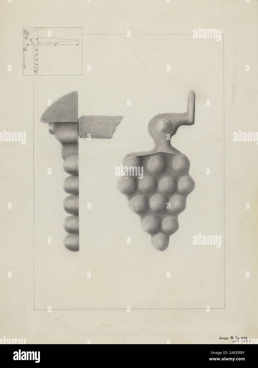 Il disegno c. 1936 di James M. Lawson "Iron Shutter Fastener" raffigura un dispositivo meccanico utilizzato per fissare le serrature, enfatizzando i dettagli tecnici, la lavorazione dei metalli e il design funzionale in un contesto domestico pratico. Foto Stock