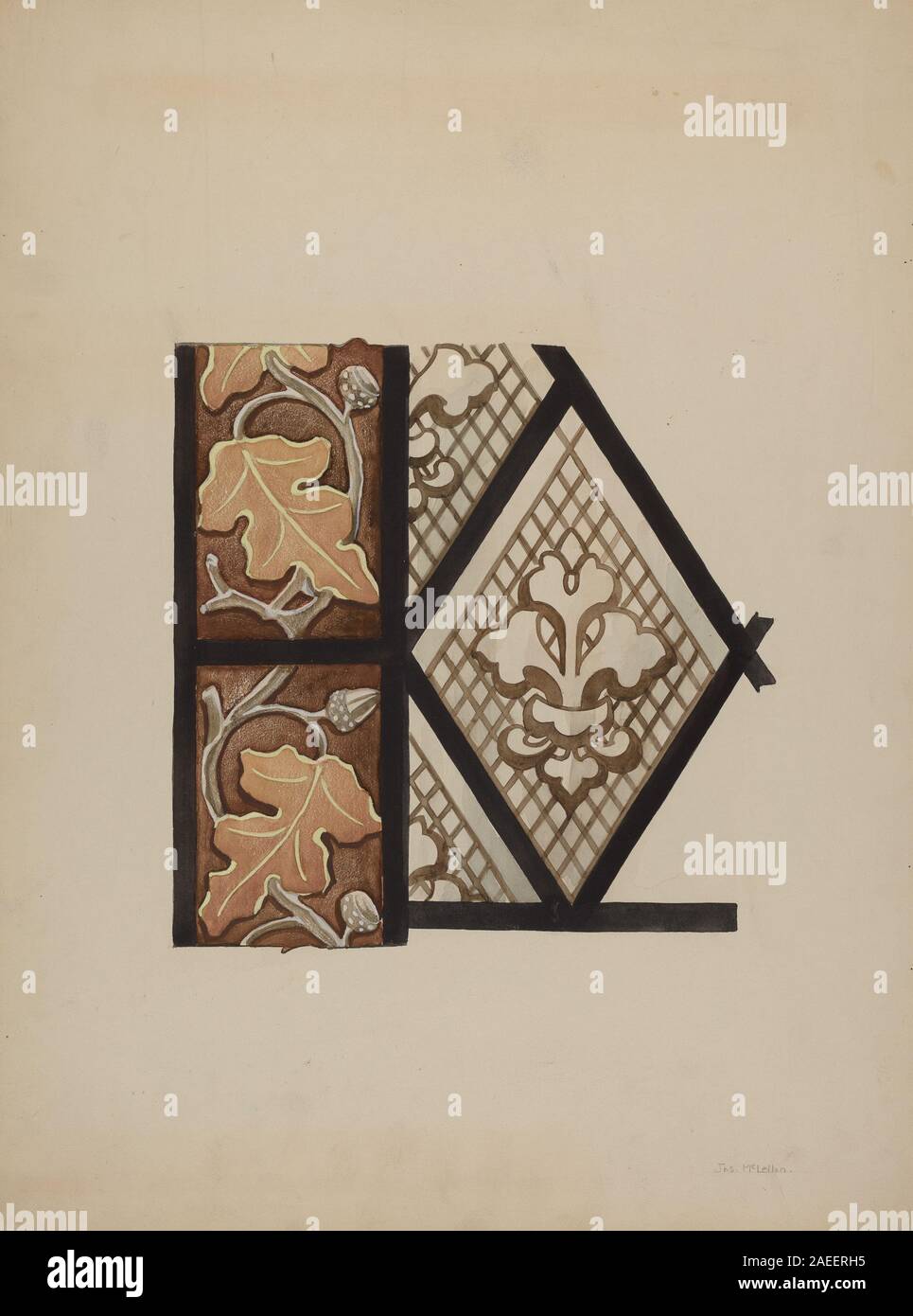 Finestra in vetro dipinto creata da James McLellan intorno al 1937. La finestra presenta pannelli di vetro colorati con tecniche di pittura artistica, progettati per uso architettonico decorativo. Foto Stock