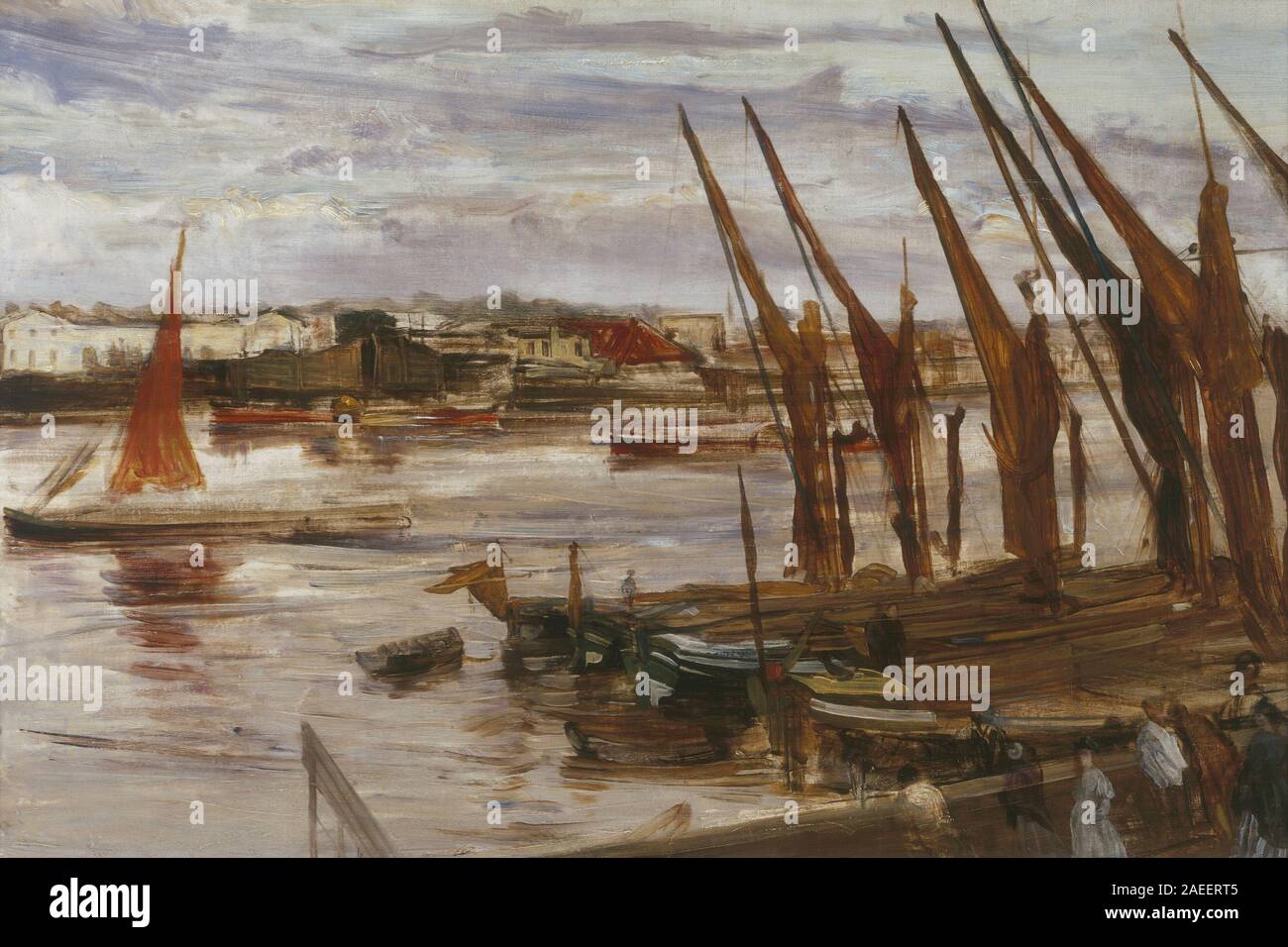 "Battersea Reach" di James McNeill Whistler (c. 1863) raffigura il Tamigi vicino a Battersea con barche ed edifici lungo il fiume, evidenziando effetti atmosferici, riflessi e sottili variazioni tonali in una scena paesaggistica. Foto Stock