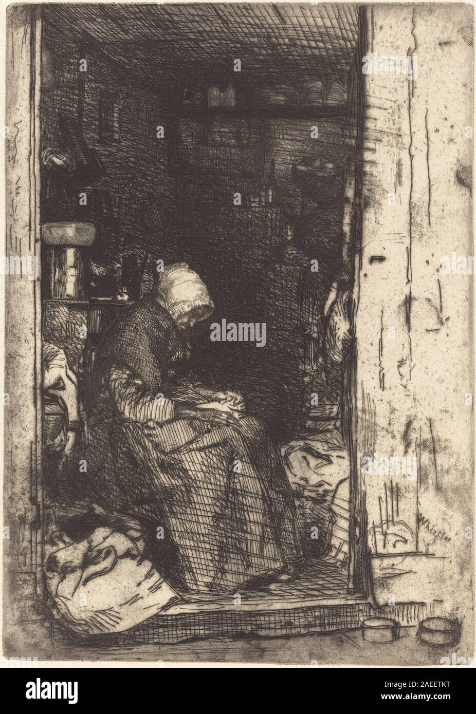 L'incisione del 1858 di James McNeill Whistler, la Vieille aux Loques, raffigura una donna anziana in abiti strappati, mostrando postura, espressione, tendaggi e contesto sociale, riflettendo lo studio e il realismo della figura europea della metà del XIX secolo. Foto Stock
