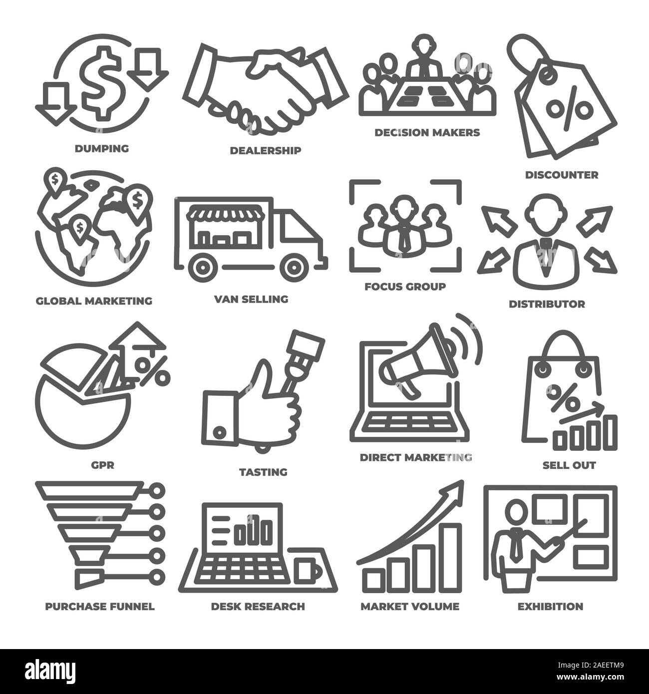 Pubblicità e marketing le icone della linea Illustrazione Vettoriale