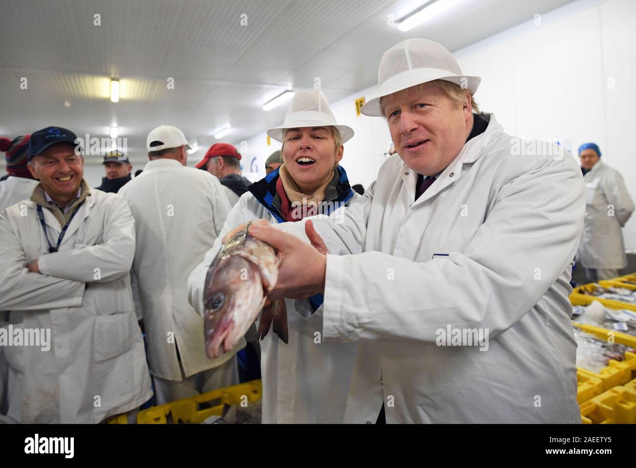 Il primo ministro Boris Johnson durante una visita a Grimsby Mercato del Pesce, durante la campagna elettorale del trail. Foto Stock