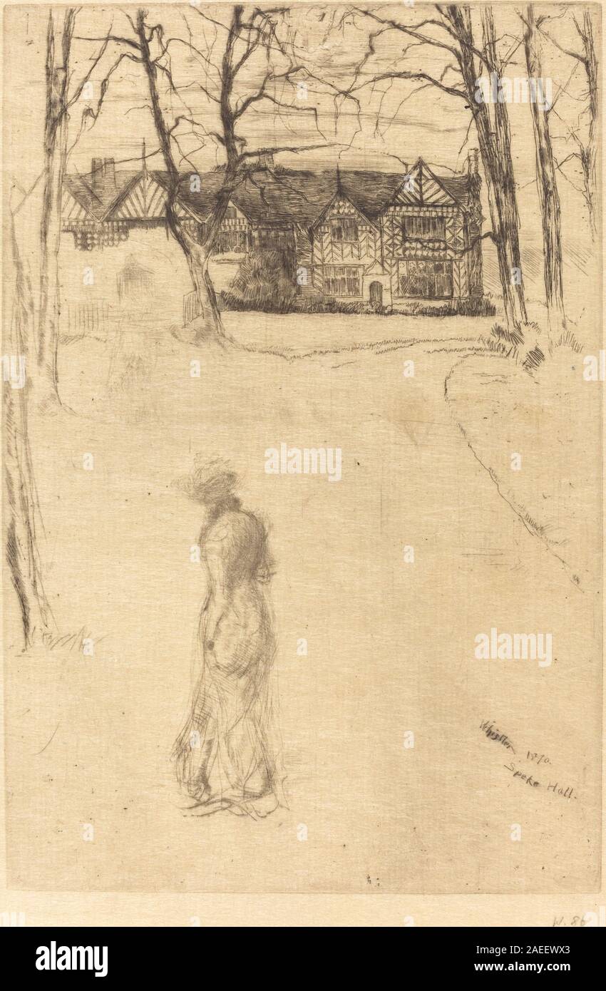 Il dipinto del 1870 di James McNeill Whistler "Speke Hall, No.1" raffigura l'esterno dello storico edificio Tudor Speke Hall, sottolineando dettagli architettonici, cornici in legno, finestre e trattamento tonale in una composizione paesaggistica. Foto Stock