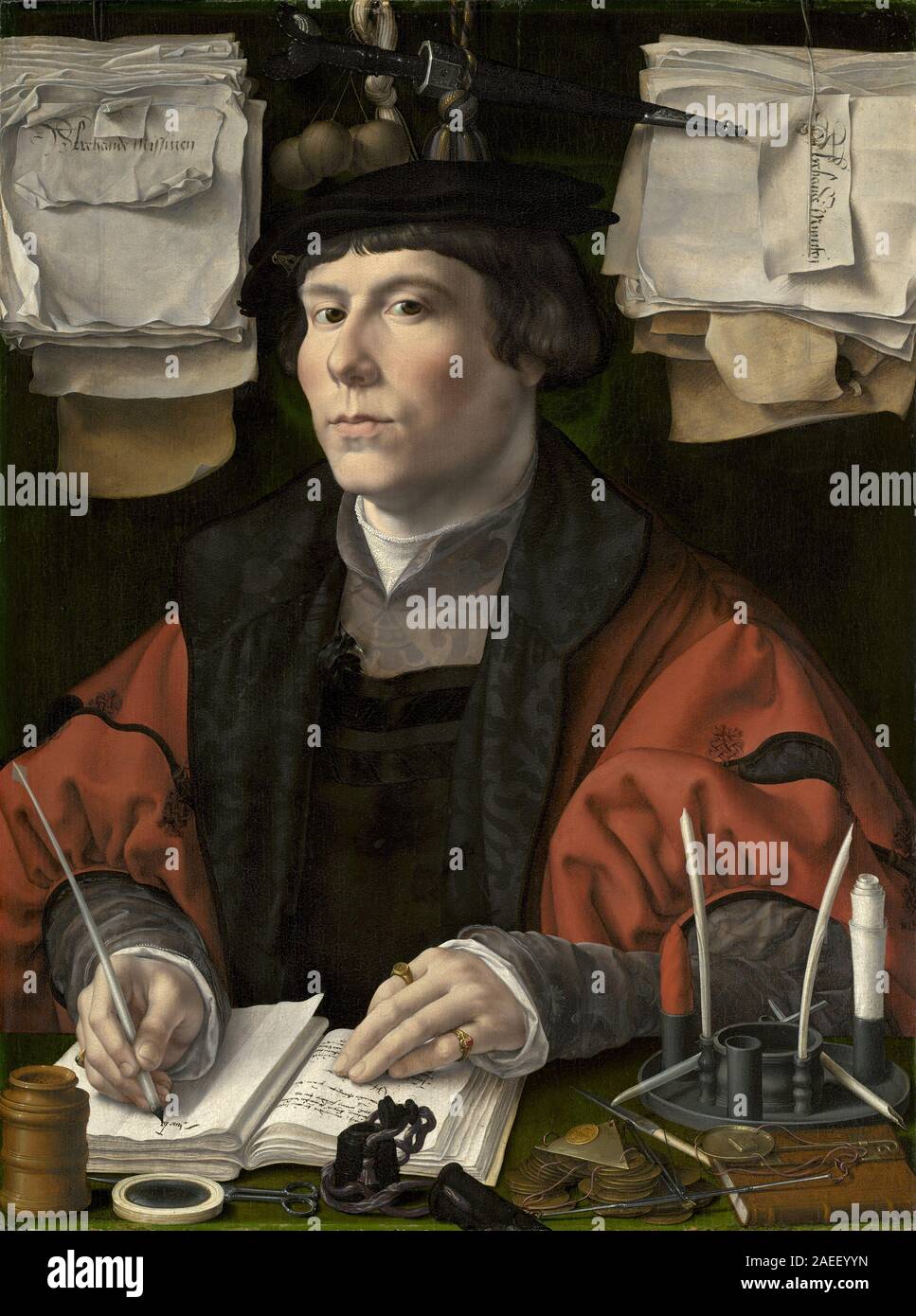 Il ritratto di Jan Gossaert, risalente al 1530 circa, raffigura un mercante, che mostra abiti dettagliati, caratteristiche facciali, postura e oggetti che indicano il commercio o la ricchezza in una composizione rinascimentale. Foto Stock