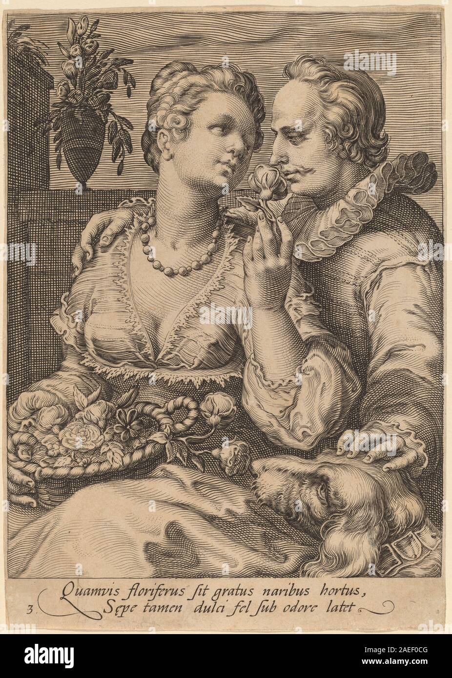 Raffigura il senso allegorico dell'olfatto, mostrando una figura con gesto e postura che rappresenta il senso, resa dettagliata tipica delle stampe olandesi dei primi anni del XVII secolo. Foto Stock