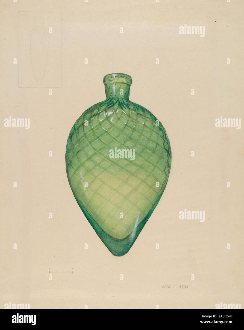 Dipinto di Janet Riza, Flask, circa 1940. Raffigura un piccolo contenitore con superficie dettagliata, riflessi, luci e ombre, che enfatizza lo studio degli oggetti e il realismo nella composizione STILL Life. Foto Stock