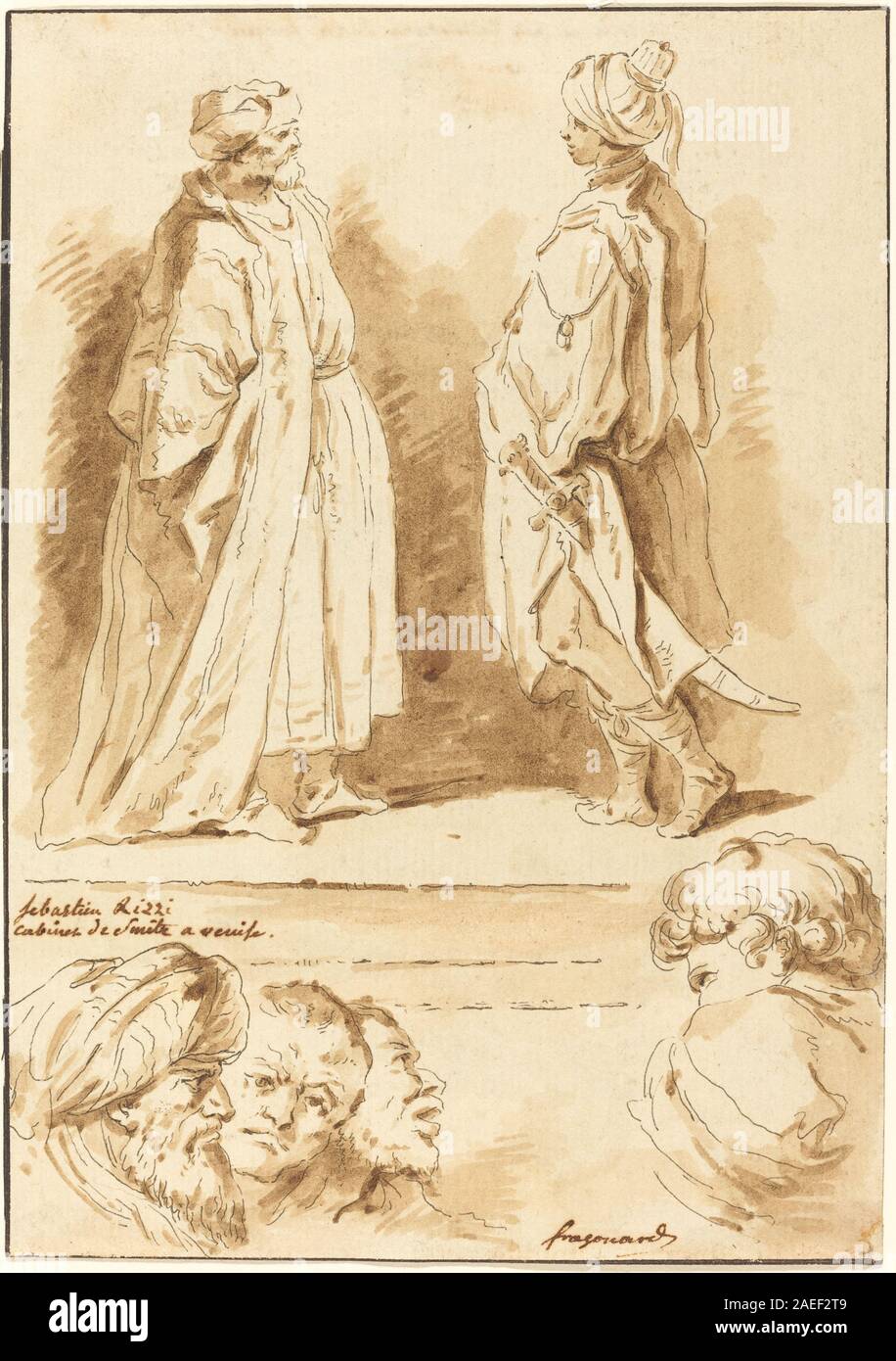 I dettagli dell'Adorazione dei Magi e della piscina a Bethesda, 1774, raffigurano sezioni di scene religiose tra cui figure umane, elementi architettonici e gesti narrativi. La stampa enfatizza la composizione, il lavoro di linea e la tecnica di incisione europea del XVIII secolo. Foto Stock