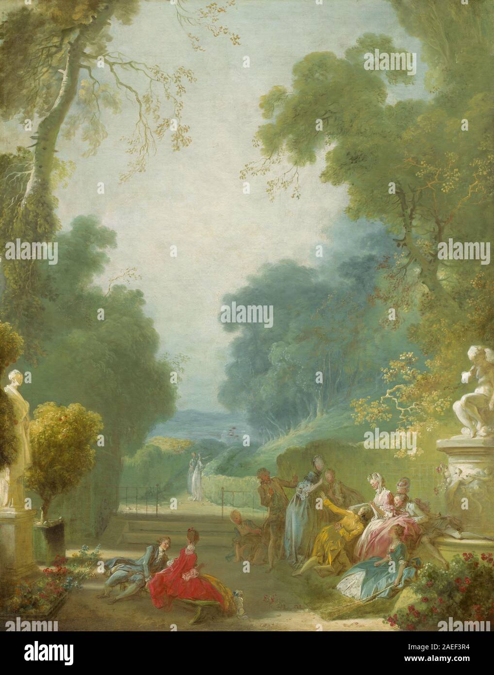 Il dipinto di Jean-Honoré Fragonard del 1775-1780 circa raffigura i bambini che giocano al gioco dei cazzuoli caldi, mostrando figure in movimento, gesti giocosi, paesaggi all'aperto e tratti espressivi del viso. Foto Stock