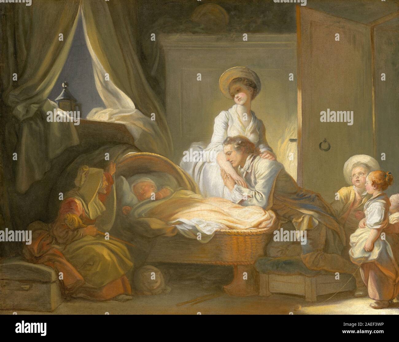 Dipinto di Jean-Honoré Fragonard, visita al vivaio, 1775 circa. Raffigura una scena domestica con adulti che visitano i bambini in un vivaio, mostrando figure dettagliate, abbigliamento, arredi interni, gesti, ed espressioni, enfatizzando lo stile rococò e la pittura di genere. Foto Stock