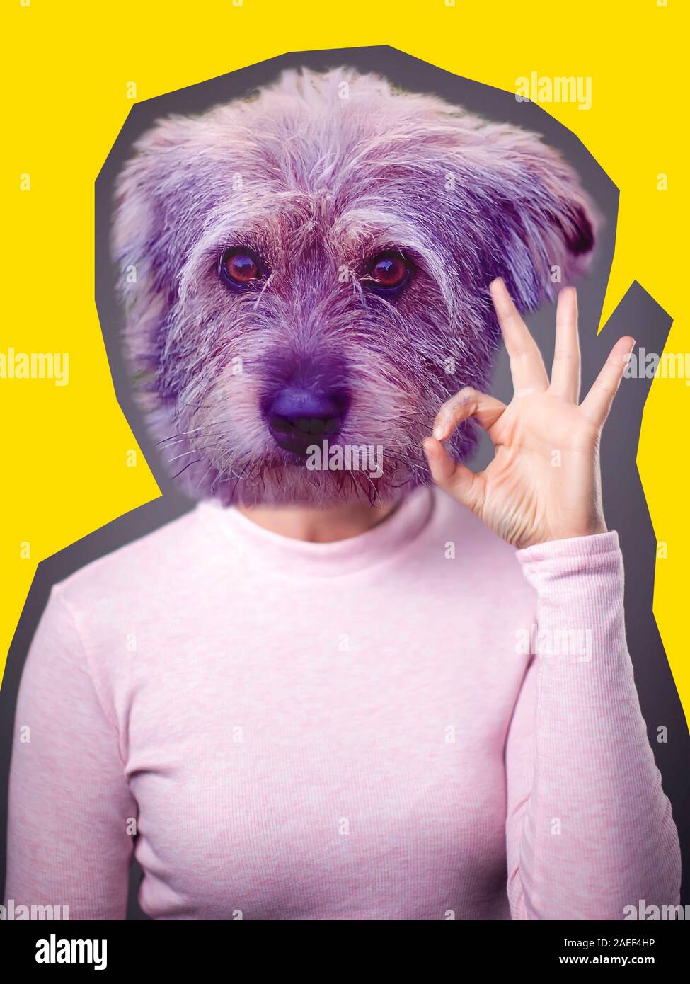 Arte moderna collage. Modello femminile con cane faccia invece in testa su sfondo chiaro. Foto Stock