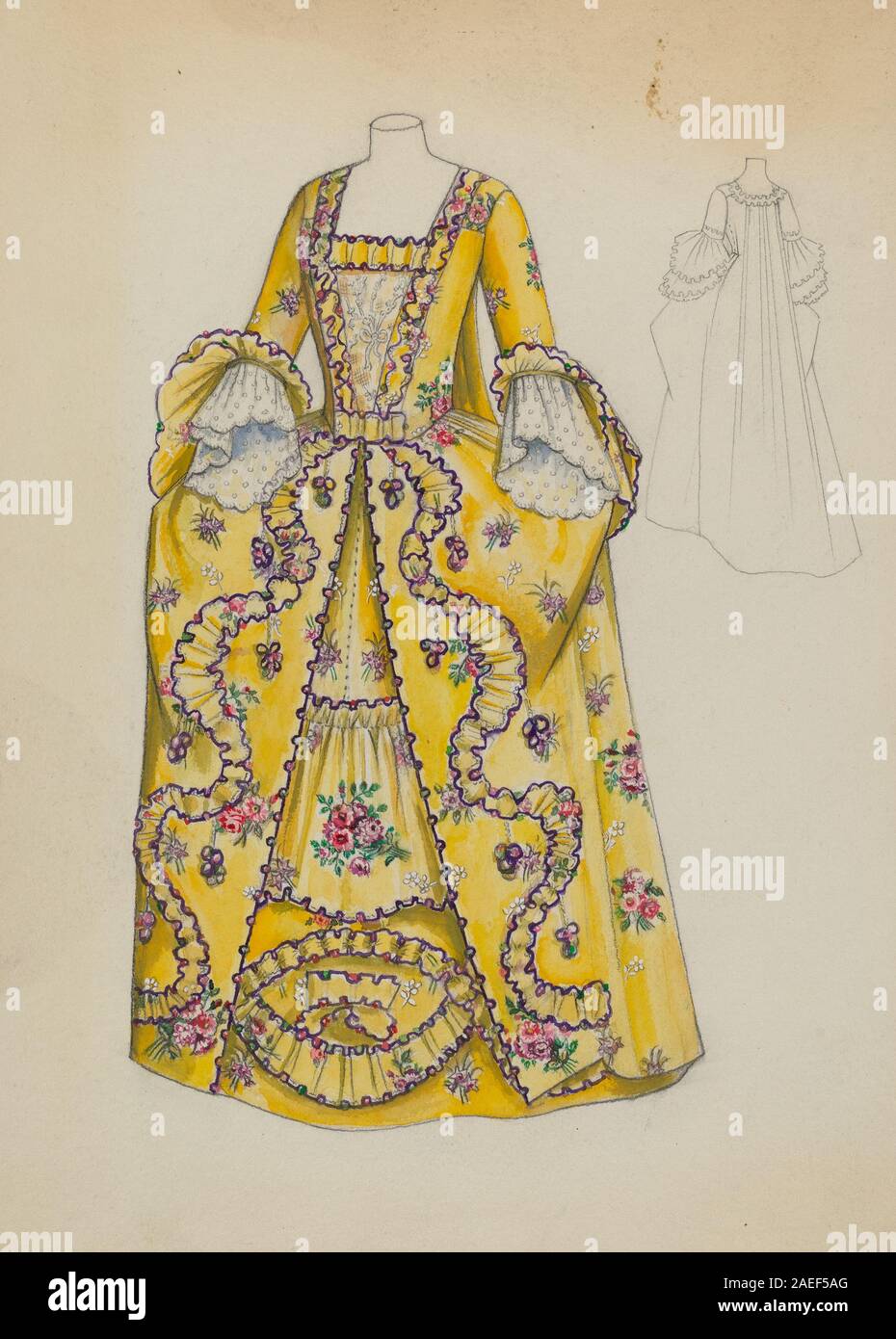 Un abito creato da Jean Peszel intorno al 1936, che rappresenta il design dell'abbigliamento e la costruzione tessile del periodo. La didascalia registra l'oggetto e la data approssimativa. Foto Stock