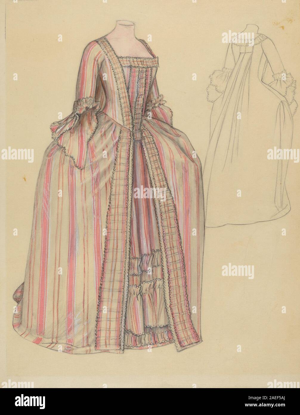 Un abito creato da Jean Peszel tra il 1935 e il 1942, raffigurante il design dell'abbigliamento e la costruzione tessile del periodo. La didascalia registra l'oggetto e la data. Foto Stock