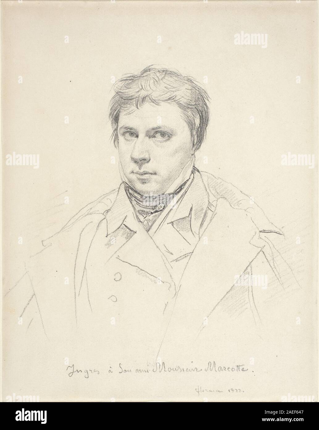1822 autoritratto di Jean-Auguste-Dominique Ingres eseguito in grafite su carta tessuta, che mostra tratti facciali, espressione, acconciatura, abbigliamento, e arrangiamento compositivo. Foto Stock