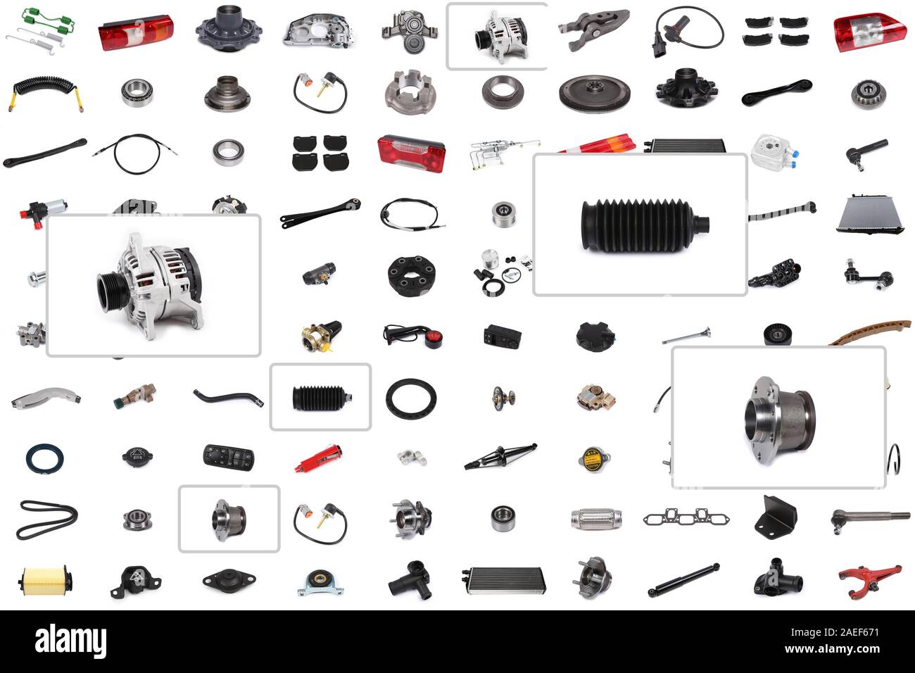 Sfondo di un catalogo o di pezzi di ricambio auto programma di selezione con un accento su tre parti: auto alternatore, lo stelo dello sterzo kit di riparazione, mozzo kit di riparazione. Foto Stock