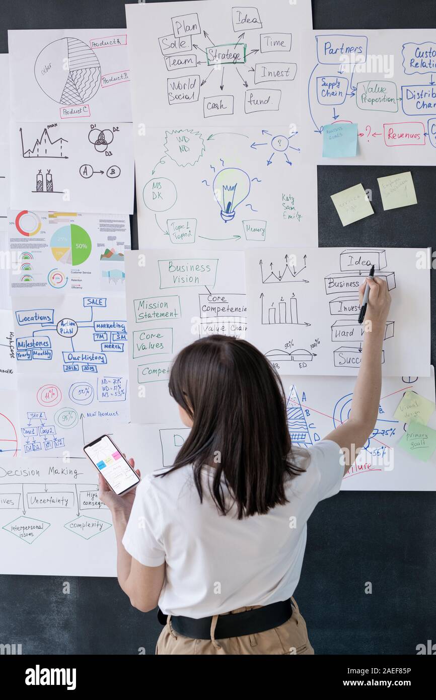 Vista posteriore del pullman femmina con lo smartphone rivolto a informazioni finanziarie Foto Stock