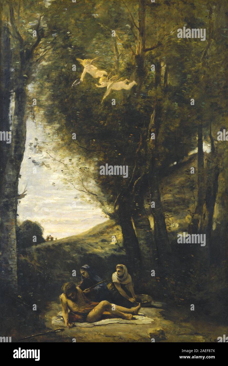 Il dipinto di Jean-Baptiste-Camille Corot del 1874 raffigura San Sebastiano aiutato da donne sante, mostrando figure umane, gesti, espressioni facciali, tendaggi, sfondo paesaggistico e luce naturalistica. Foto Stock