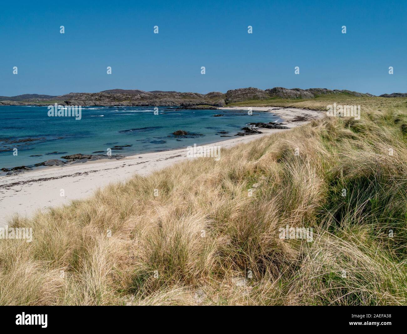 Ardskenish deserta spiaggia, dune di sabbia e dune a Erba (marram grass) in estate, Isola di Colonsay, Ebridi Interne, Scotland, Regno Unito Foto Stock