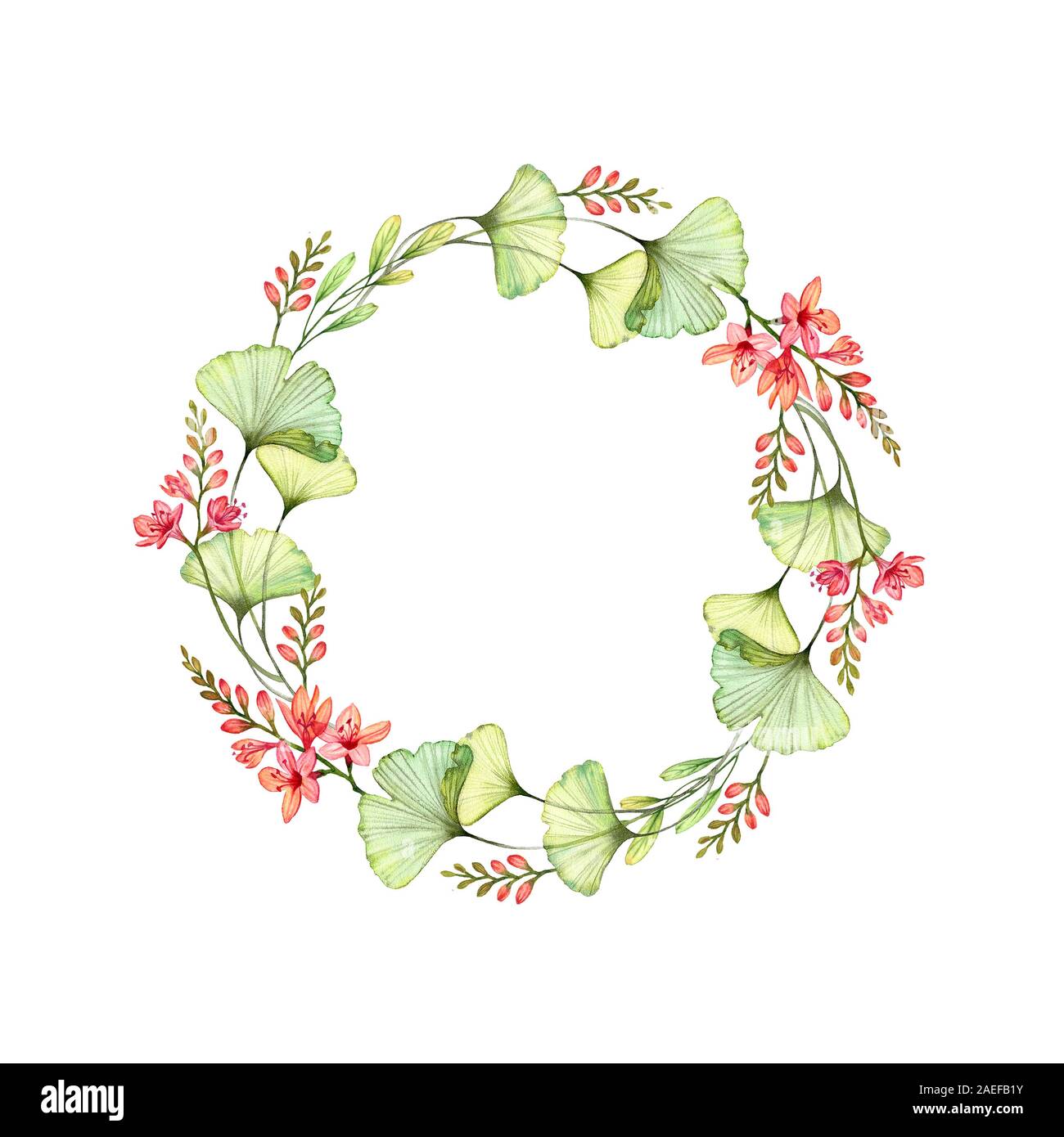 Acquerello ghirlanda floreale con fresia fiori, foglie e posto per il testo. Botanico colorati dipinto a mano illustrazione. Composizione circolare isolato Foto Stock