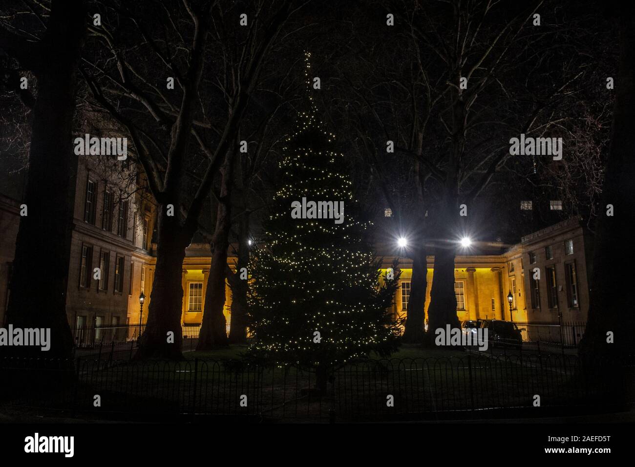 Un enorme albero di Natale fuori Buckingham Palace a Londra Foto Stock