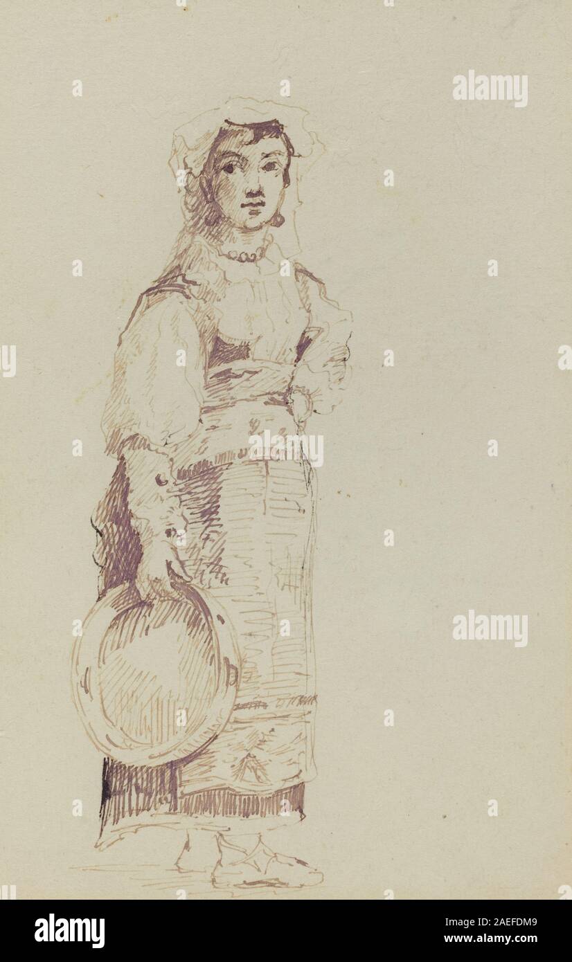 Il dipinto di Jean-Louis-Ernest Meissonier del 1860 circa raffigura una donna che tiene un tamburello, enfatizzando il gesto, la postura e l'abbigliamento del XIX secolo. Foto Stock